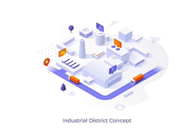 Conceptual template with city area with manufacturing or production plant buildings factories warehouses Scene for industrial district innovations Isometric vector illustration for website