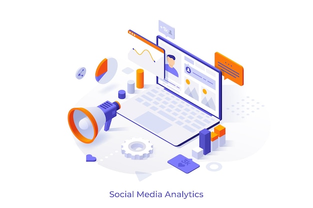 Conceptual template with laptop computer charts internet indicators and megaphone Online tool or service for social media analytics and SMM Isometric vector illustration for website