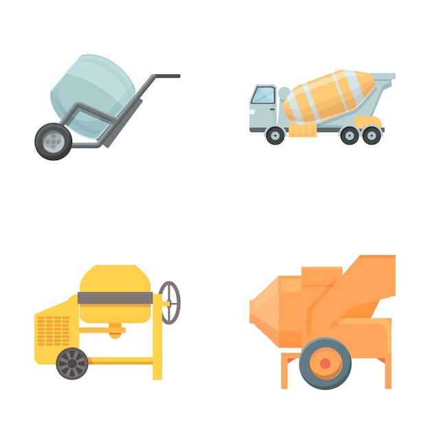 Vector concrete mixer icons set cartoon vector machinery for cement pouring