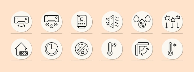 Conditioner set icon Air conditioning Air filtration cold heat virus fan propeller eco water drop thermometer etc Fresh air concept Pastel color background Vector line icon