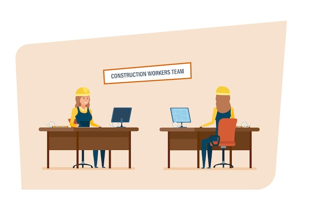 Construction engineers workers team Womens character working in office