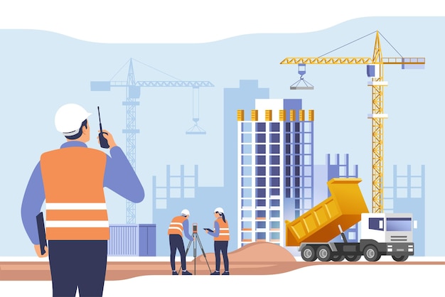 Vector construction site building work process with houses and construction machines vector illustration