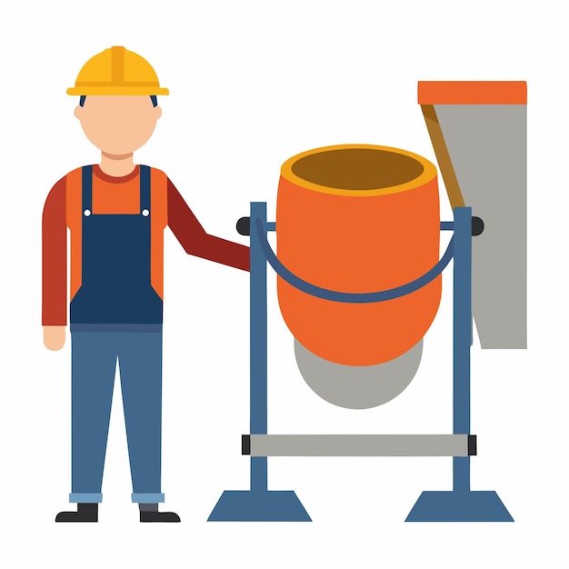 Vector construction worker working with a concrete mixing drum cartoon character