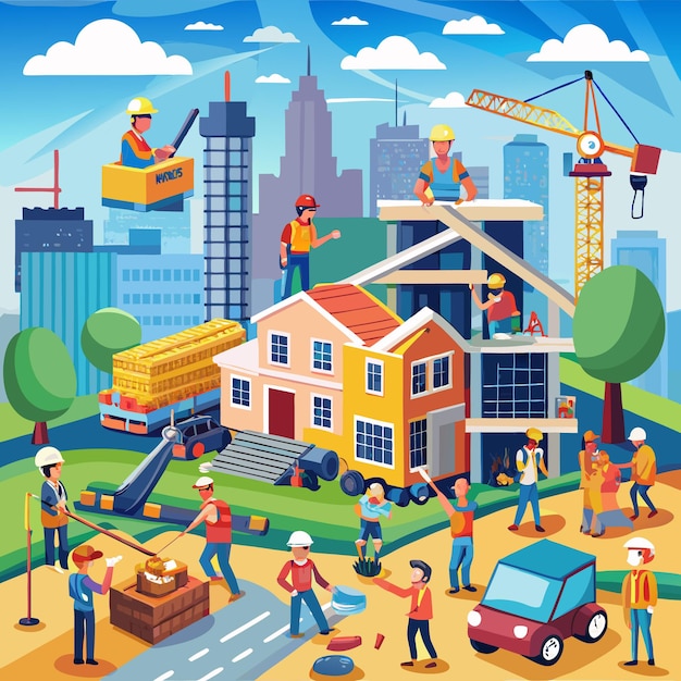 Vector construction workers building a house in a city