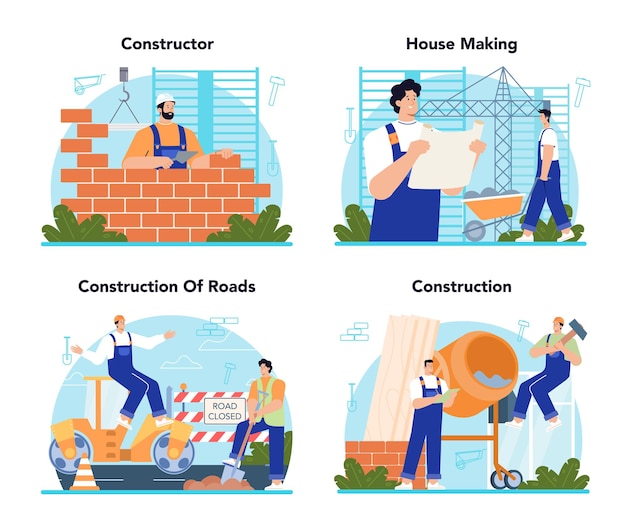 Vector constructor concept set house and road building process workers constructing