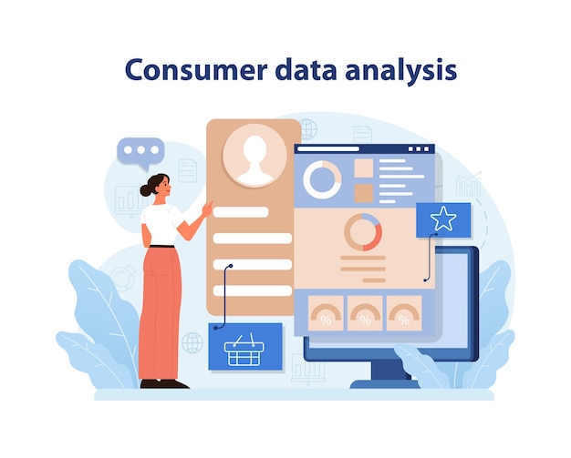 Vector consumer data analysis a professional analyzing consumer profiles and metrics on a digital dashboard