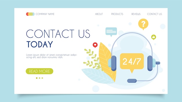 Contact us 247 today Customer support call center Landing page concept Flat design vector illustration