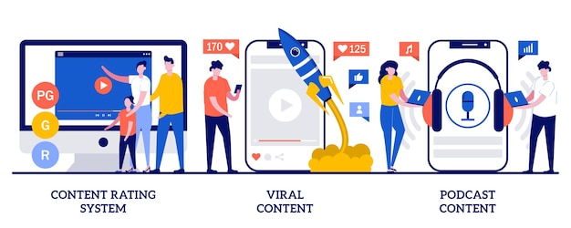 Content rating system, viral content, podcast content concept with tiny people. Social media blogging vector illustration set. Movie streaming, online network likes and followers attracting metaphor.