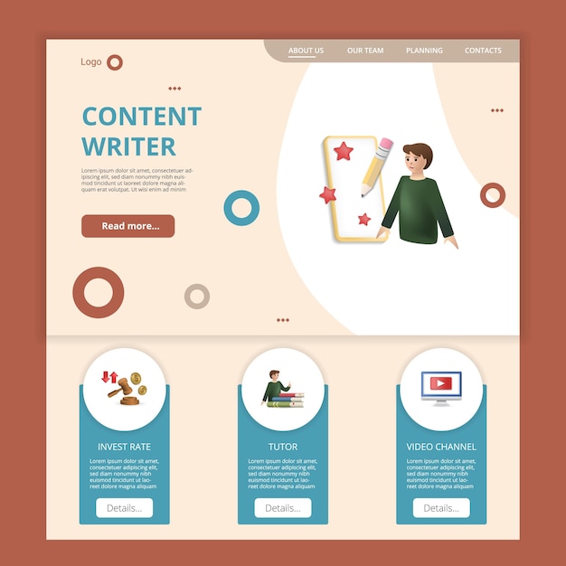 Vector content writer flat landing page website template invest