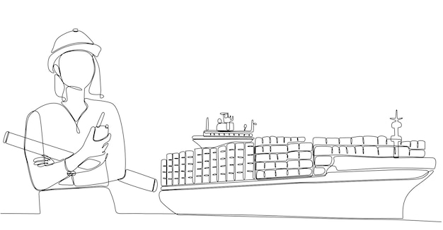 Vector continuous line of architects designing cargo ships