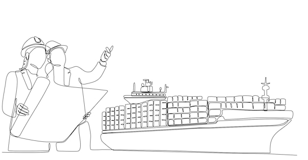 Vector continuous line of architects designing cargo ships