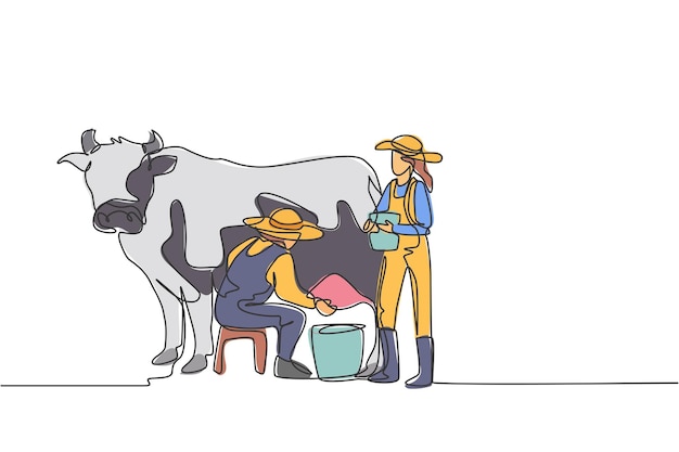 Vector continuous one line drawing couple farmer milking a cow with traditional way harvest activity vector