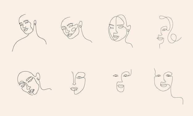 Continuous one line drawing set of different women faces