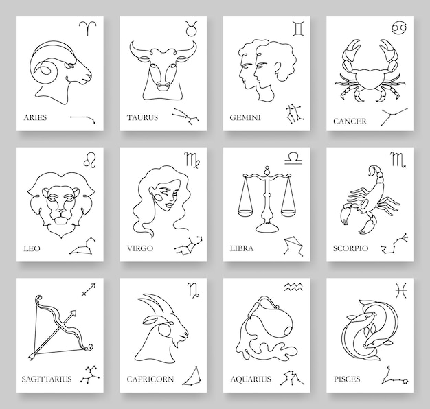 Continuous one line zodiac signs Minimalistic horoscope cards with zodiac symbol illustration and constellations vector outline art set