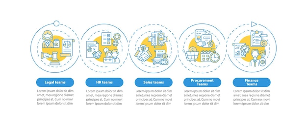 Vector contract management software users  infographic template. legal teams presentation design elements. data visualization with 5 steps. process timeline chart. workflow layout with linear icons