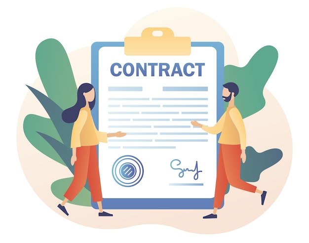 Contractconcept. Tiny man en wonan ondertekenen overeenkomst, juridisch document of contract online.