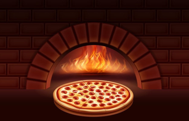 Cooking pepperoni pizza in oven on fire