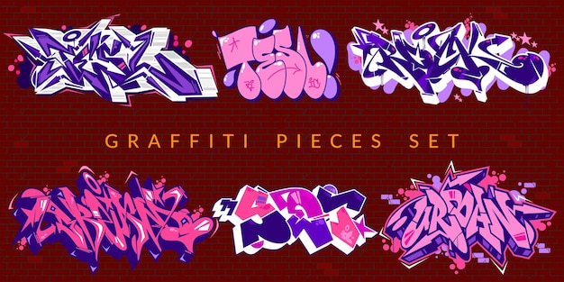 Vector cool trendy abstract colorful urban graffiti pieces or street art lettering vector illustration set