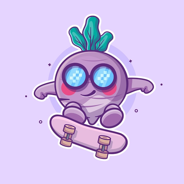 Vector cool turnip vegetable character mascot playing skateboard isolated cartoon