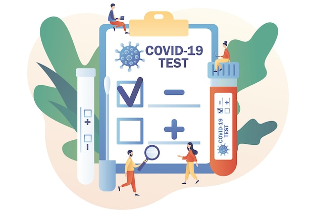 Coronavirus Covid-19 testen. Positief of negatief testresultaat. kleine dokter