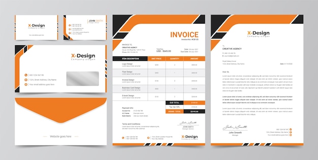 Corporate business branding identity, Letterhead, Business card, Invoice, Envelope design