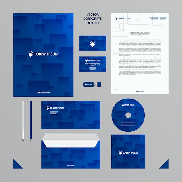 Vector corporate identity business template company style set in blue tones with transparent tiles pattern