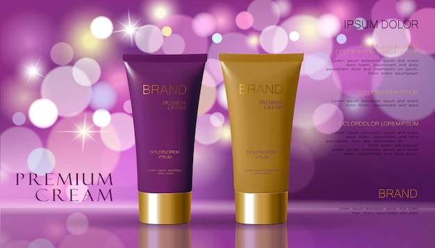 Cosmetic cream and purple violet color background with defocused blurry light bokeh. 