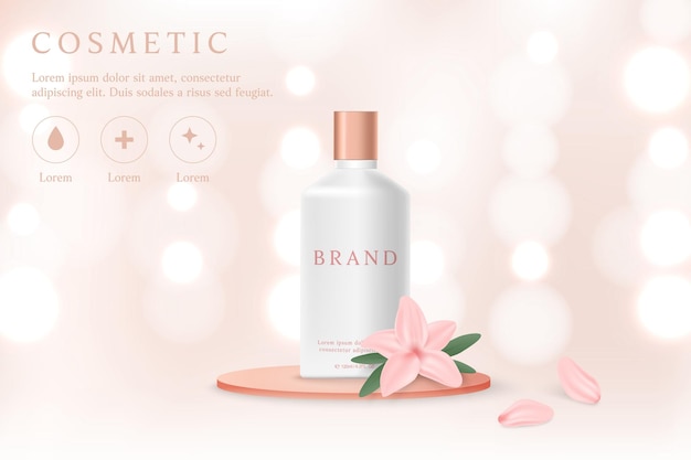 Cosmetic product ads template on pink background with flower