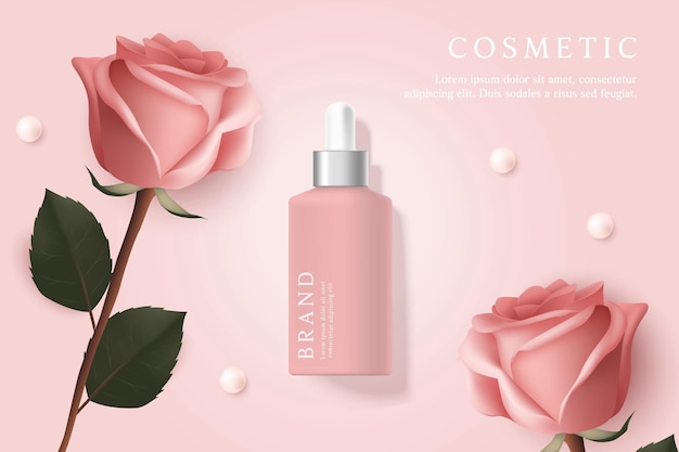 Cosmetic product ads template on pink background with rose and pearl