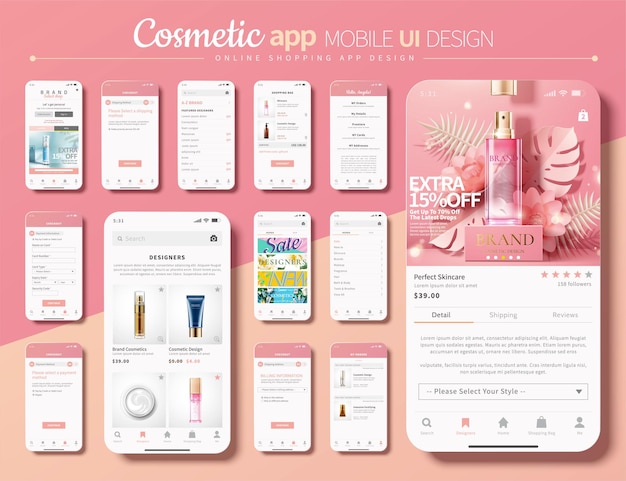 Vector cosmetic shopping app mobile ui design in pink and white tone, 3d illustration