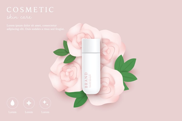 Cosmetics and skin care product ads template on pink background with flowers and leaves