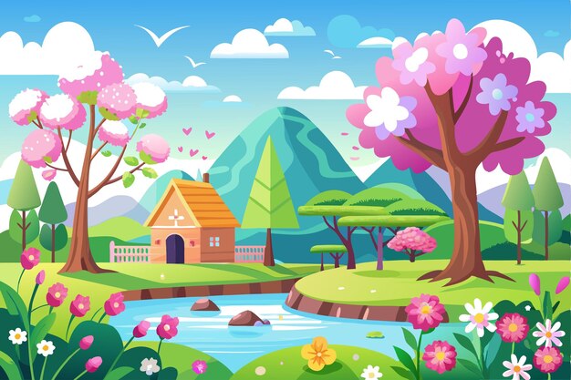 Vector cottage in a springtime landscape with a river