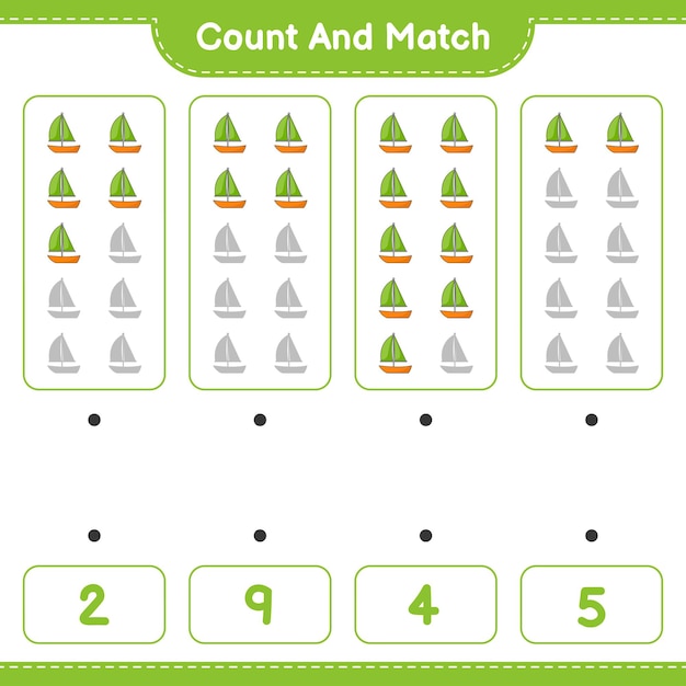 Count and match, count the number of Sailboat and match with the right numbers. Educational children game, printable worksheet, vector illustration