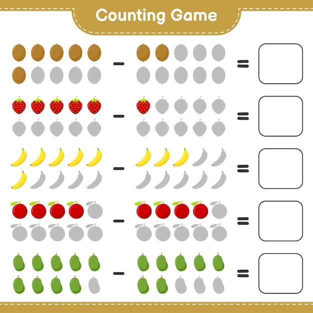 Counting game, count the number of Fruits and write the result. Educational children game, printable worksheet 