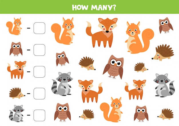 Counting game for kids. Cute woodland animals.