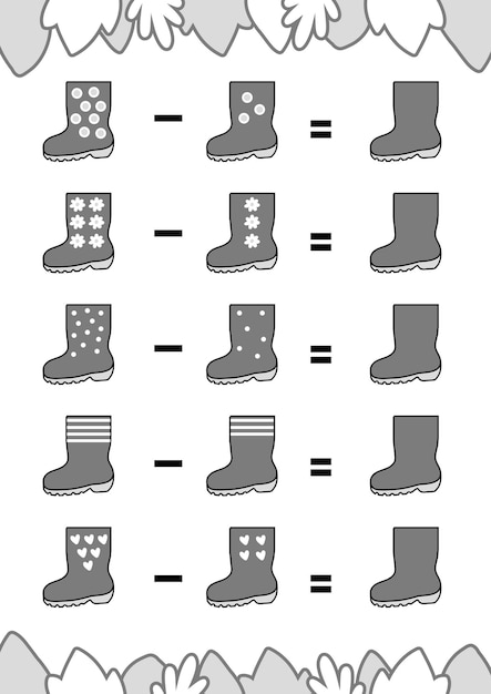 Counting Game for Preschool Children Educational math game Subtraction worksheets rubber boots