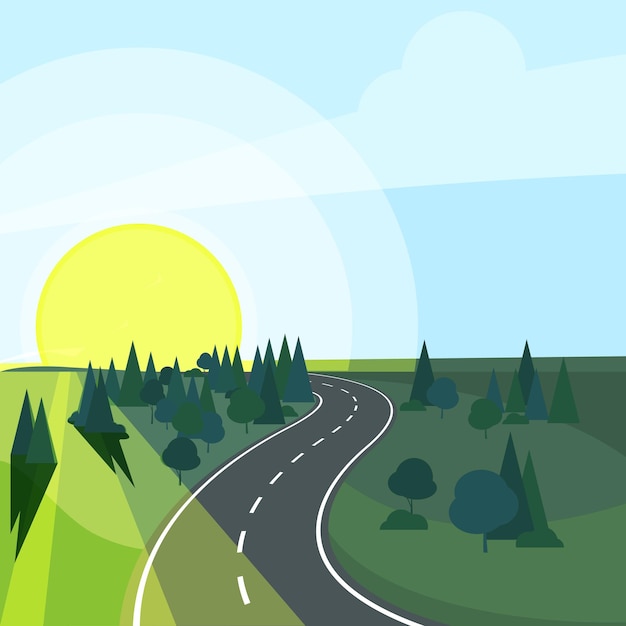 Vector countryside landscape with road going to rising sun isolated on white background