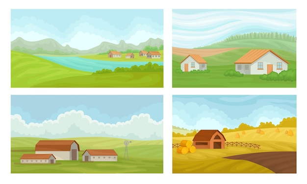 Vector countryside landscapes vector set rural area graphic collection village scenic concept