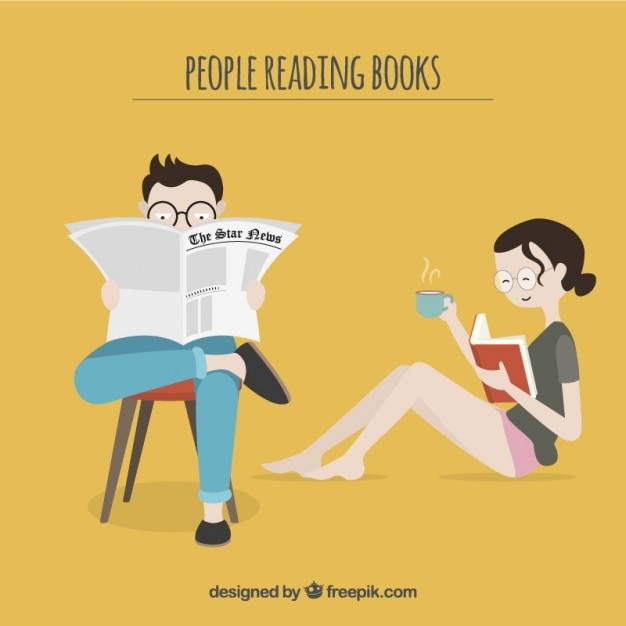 Vector couple reading a book and newspaper