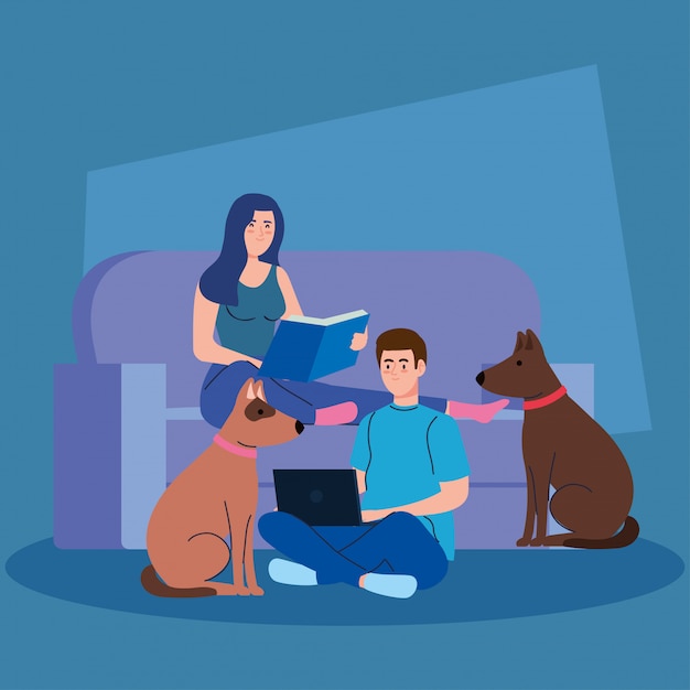 Couple sitting in couch, woman reading a book, man using laptop, with dog mascot