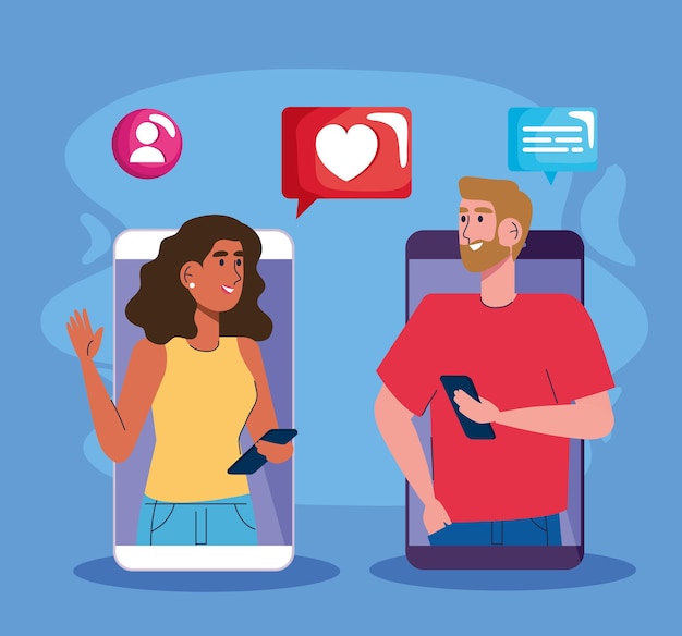 Couple users in smartphones with social media icons  illustration 