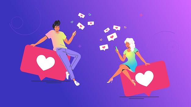 Couple using social media concept vector illustration. Young man and woman sitting on big bubbles with heart symbols using mobile app for texting and pushing like button in social media and dating app