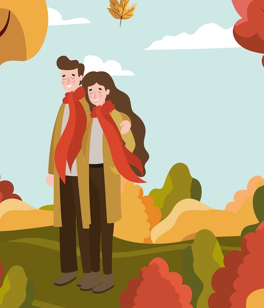 Couple walking with autumn suit in the camp