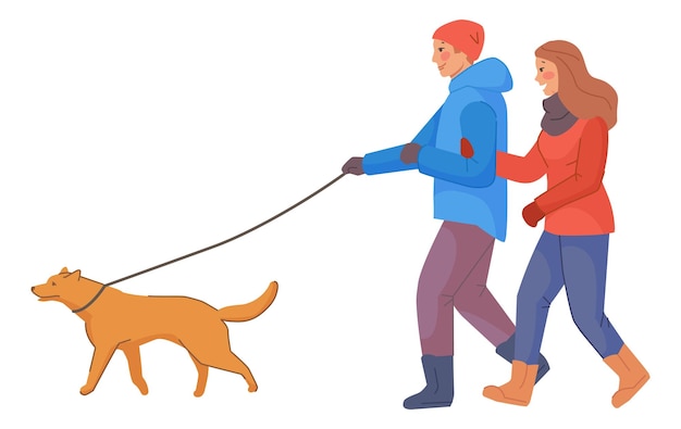 Couple walking with dog People in warm winter clothes