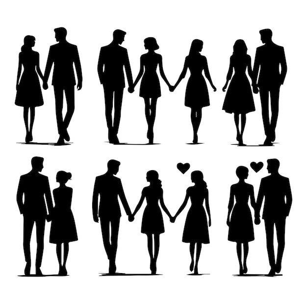 Vector couples holding hands vector silhouette