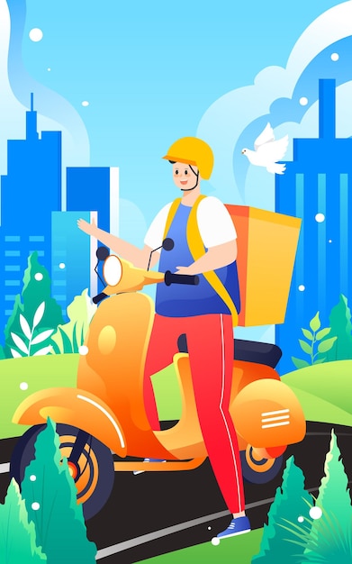 Courier delivering on a motorcycle with various plants and buildings in the background vector