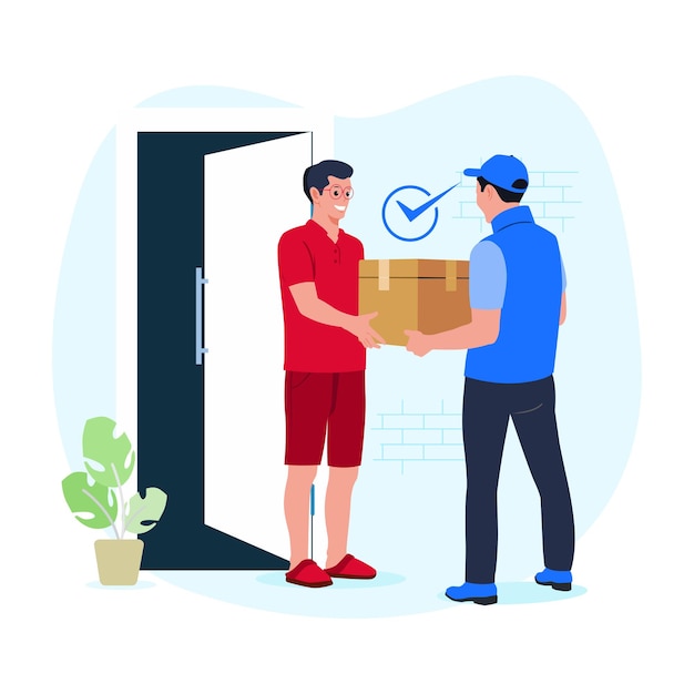 Courier from delivery service delivers order box to customer at home