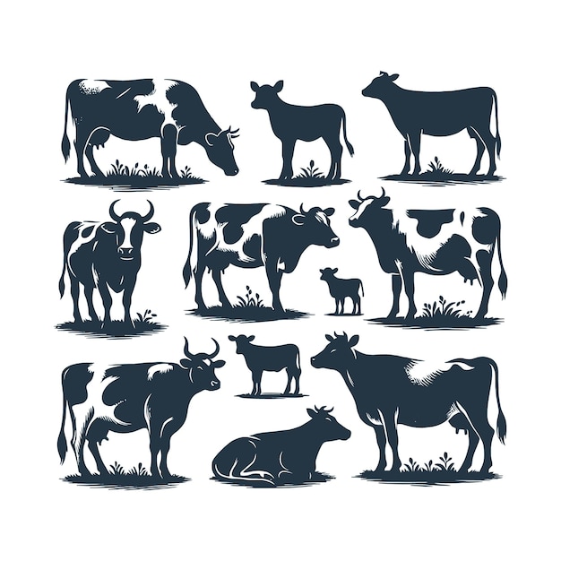 Vector cow animals collection silhouettes isolated design on white background vector illustration