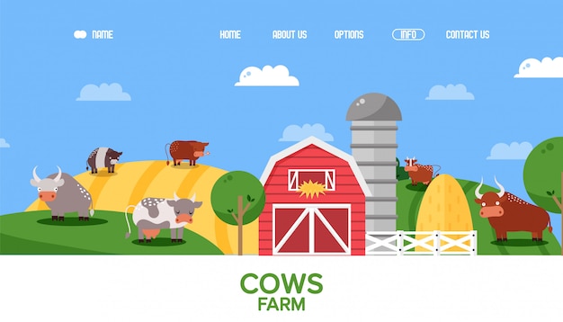 Cow farm website, farmland animals in flat style landscape, cattle cartoon characters