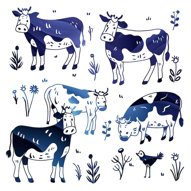 Vector cow flat vector linear templ set illustration high quality